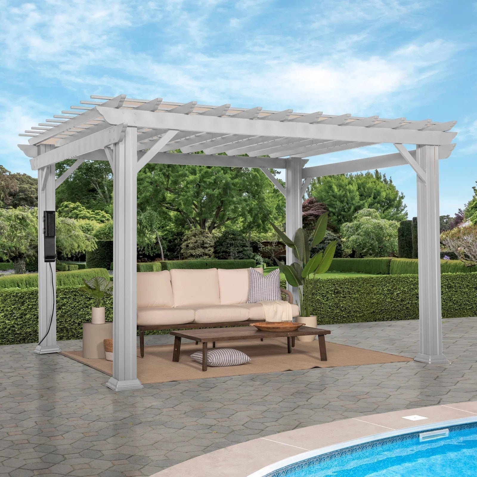 12x10SteelPergolaHeroWhite-1-scaled-1.jpg 12×10 Hawthorne Traditional Steel Pergola With Sail Shade Soft Canopy - Image 1