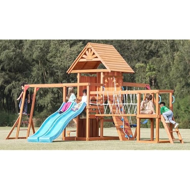 51E-SPvh7EL._AC_US750_.jpg Dolphin Playground Wooden Swing Sets Monkey bar Plank Bridge with Rope Mesh - Image 1