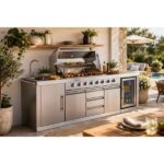 Big Horn 6-Burner Propane Gas Grill Island with Outdoor Rated Refrigerator