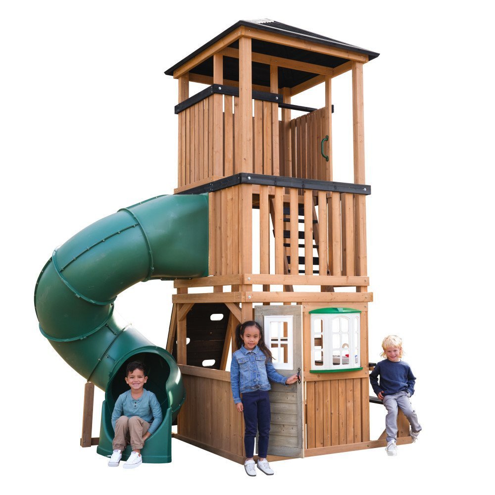613-P280226DIYEVD-1.jpg Kidkraft Panorama Tower Three-Story Wooden Outdoor Playhouse with Slide - Image 1