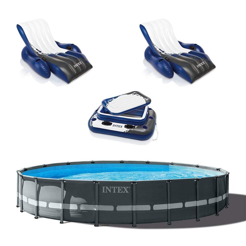 61TaQcNzIGL.jpg Intex 24ft x 52in Ultra XTR Round Frame Pool, Loungers (2 Pack), Floating Cooler - Image 1