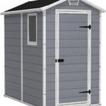 Keter Manor 4×6 Resin Outdoor Storage Shed Kit-Perfect to Store Patio Furniture, Garden Tools Bike Accessories, Beach Chairs and Lawn Mower, Grey & White