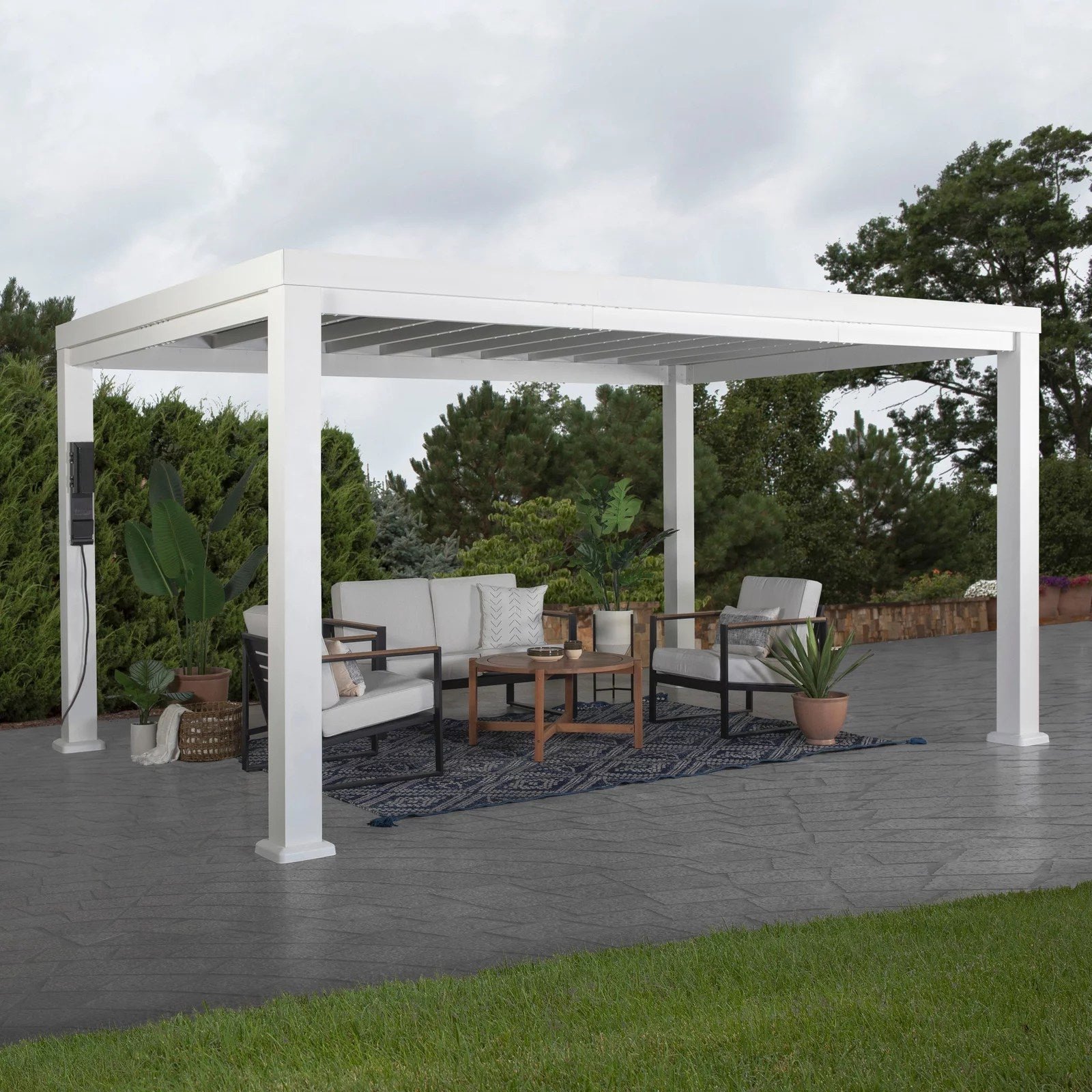 ModernPergolaMediumWhite-1.jpg 14×10 Windham Modern Steel Pergola With Sail Shade Soft Canopy - Image 1