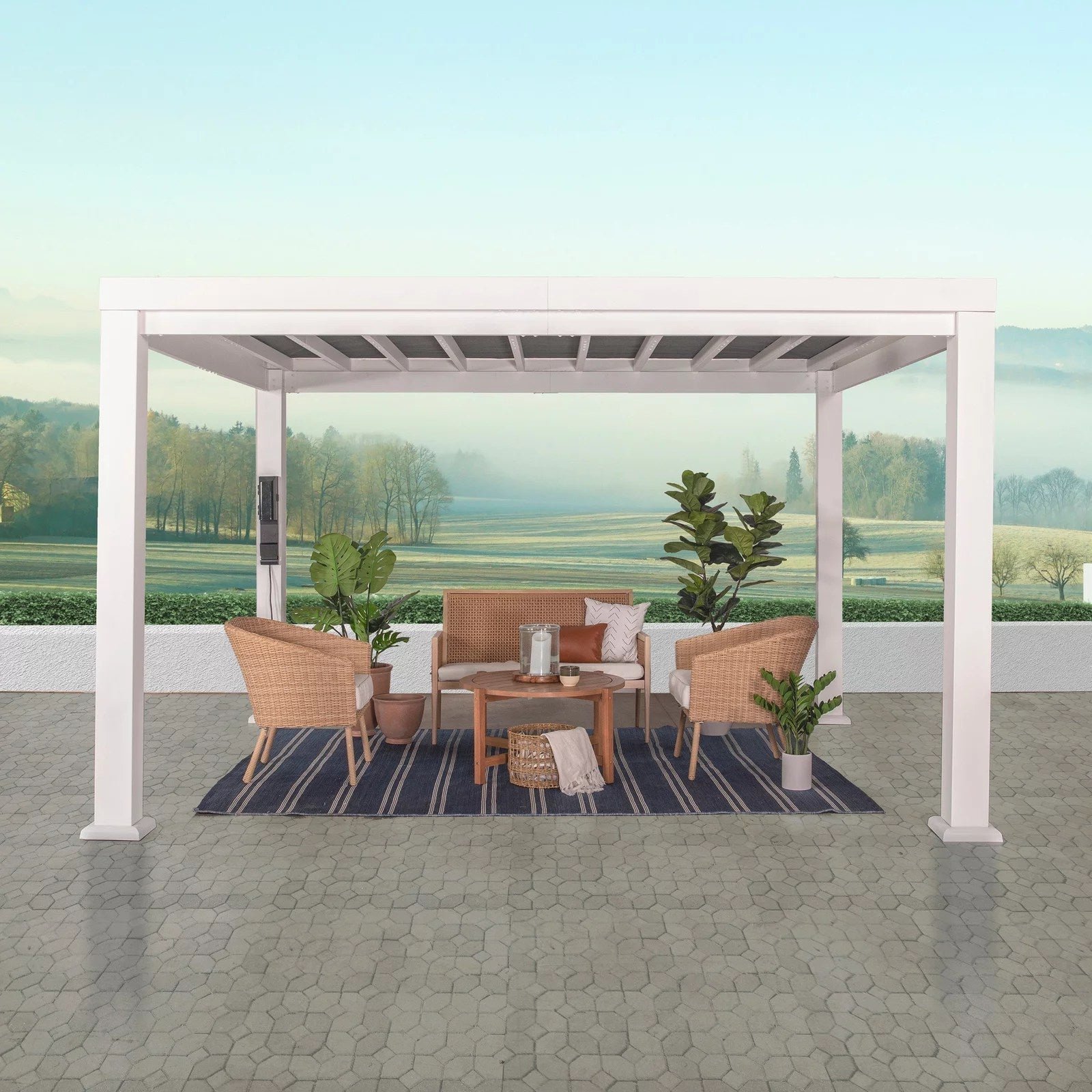ModernPergolaSmallFrontWhite-1.jpg 12×10 Windham Modern Steel Pergola With Sail Shade Soft Canopy - Image 1