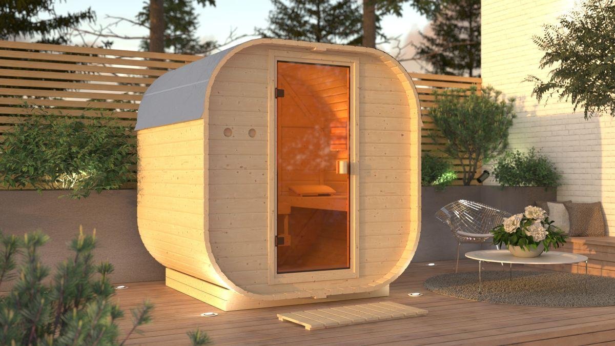 qa.jpg Sauna d’extérieur tonneau en bois massif pour 1 à 2 personnes 38mm 199x175x205cm KARIBU - Image 1