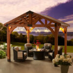 Backyard Discovery Brookdale 12' x 10' Cedar Wood Gazebo Outdoor Patio Pavilion with Black Steel Roof and PowerPort - Image 2