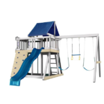 Congo Monkey Playsystem Adventurer Wooden Outdoor Swing Set with Fort Wave Slide and Rock Wall