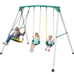 Designasofa 9.5 Ft. Heavy-Duty Metal Outdoor Swing Set with Saucer Swing and 2 Swings